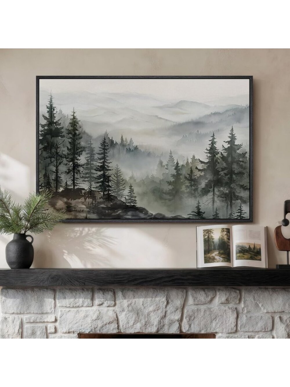 Framed Foggy Forest Landscape Wall Art for Living Room Decor, 24x36 Inch
